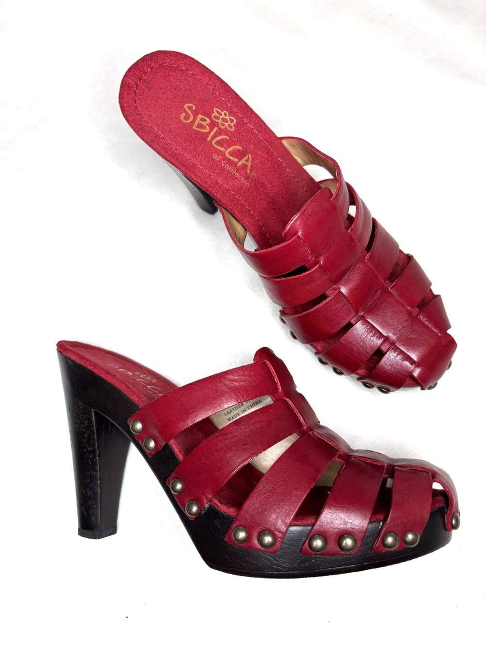 Sbicca Red Leather Fisherman Clog Mule Heels 8